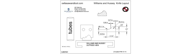 Williams and Hussey shop fox molder knives with template 1-5/16" Panel Mould